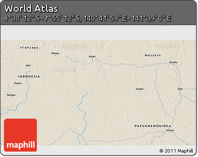 Shaded Relief 3D Map of the Area around 8° 12' 42" S, 141° 10' 30" E