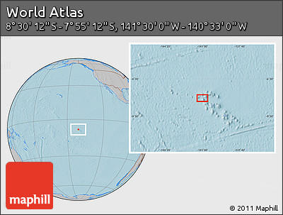 Gray Location Map of the Area around 8° 12' 42" S, 141° 1' 30" W, hill shading