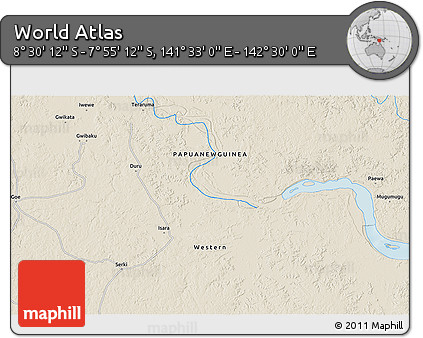 Shaded Relief 3D Map of the Area around 8° 12' 42" S, 142° 1' 30" E