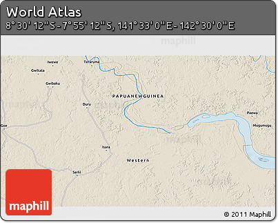Shaded Relief 3D Map of the Area around 8° 12' 42" S, 142° 1' 30" E