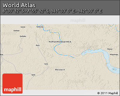 Shaded Relief 3D Map of the Area around 8° 12' 42" S, 142° 1' 30" E