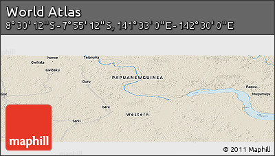 Shaded Relief Panoramic Map of the Area around 8° 12' 42" S, 142° 1' 30" E