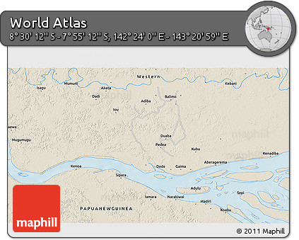 Shaded Relief 3D Map of the Area around 8° 12' 42" S, 142° 52' 30" E