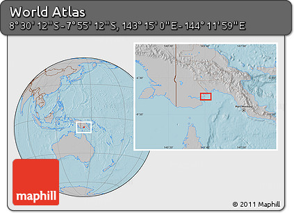Gray Location Map of the Area around 8° 12' 42" S, 143° 43' 29" E, hill shading