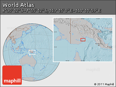 Gray Location Map of the Area around 8° 12' 42" S, 143° 43' 29" E, hill shading