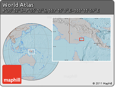 Gray Location Map of the Area around 8° 12' 42" S, 143° 43' 29" E, hill shading