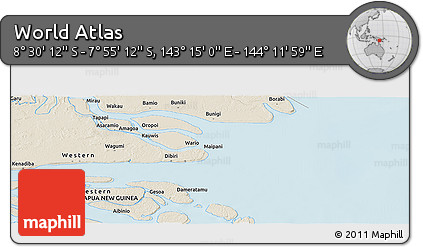 Shaded Relief Panoramic Map of the Area around 8° 12' 42" S, 143° 43' 29" E