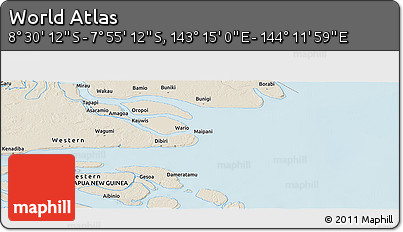 Shaded Relief Panoramic Map of the Area around 8° 12' 42" S, 143° 43' 29" E