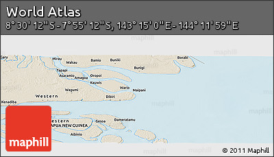 Shaded Relief Panoramic Map of the Area around 8° 12' 42" S, 143° 43' 29" E