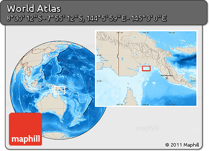Shaded Relief Location Map of the Area around 8° 12' 42" S, 144° 34' 29" E