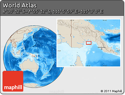 Shaded Relief Location Map of the Area around 8° 12' 42" S, 144° 34' 29" E
