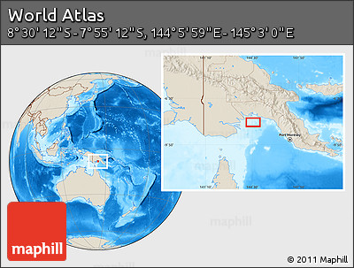 Shaded Relief Location Map of the Area around 8° 12' 42" S, 144° 34' 29" E