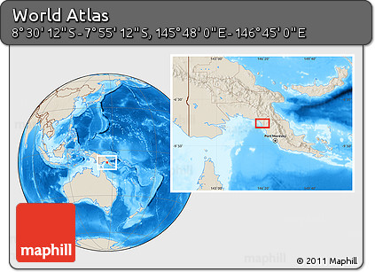 Shaded Relief Location Map of the Area around 8° 12' 42" S, 146° 16' 30" E
