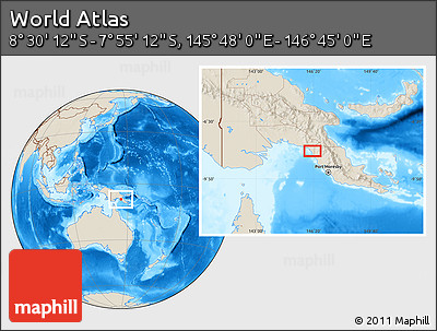 Shaded Relief Location Map of the Area around 8° 12' 42" S, 146° 16' 30" E
