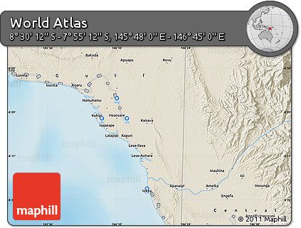 Shaded Relief Map of the Area around 8° 12' 42" S, 146° 16' 30" E