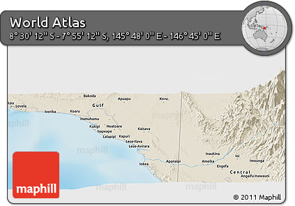 Shaded Relief Panoramic Map of the Area around 8° 12' 42" S, 146° 16' 30" E