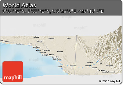 Shaded Relief Panoramic Map of the Area around 8° 12' 42" S, 146° 16' 30" E