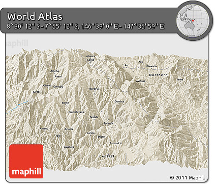 Shaded Relief 3D Map of the Area around 8° 12' 42" S, 147° 7' 30" E