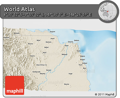 Shaded Relief 3D Map of the Area around 8° 12' 42" S, 147° 58' 29" E