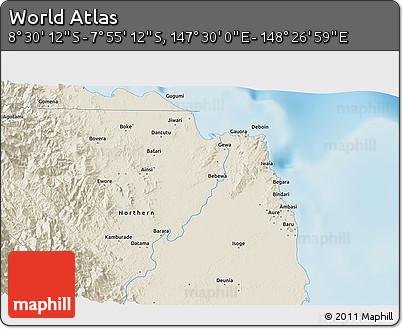 Shaded Relief 3D Map of the Area around 8° 12' 42" S, 147° 58' 29" E