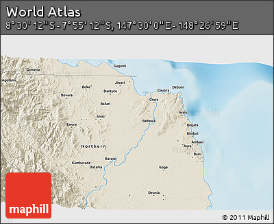 Shaded Relief 3D Map of the Area around 8° 12' 42" S, 147° 58' 29" E