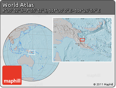 Gray Location Map of the Area around 8° 12' 42" S, 147° 58' 29" E, hill shading