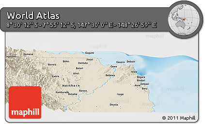 Shaded Relief Panoramic Map of the Area around 8° 12' 42" S, 147° 58' 29" E