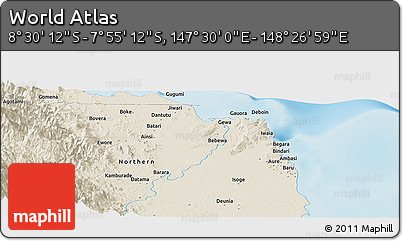 Shaded Relief Panoramic Map of the Area around 8° 12' 42" S, 147° 58' 29" E
