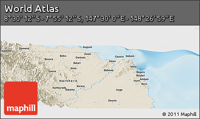 Shaded Relief Panoramic Map of the Area around 8° 12' 42" S, 147° 58' 29" E