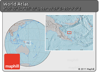 Gray Location Map of the Area around 8° 12' 42" S, 149° 40' 30" E, hill shading