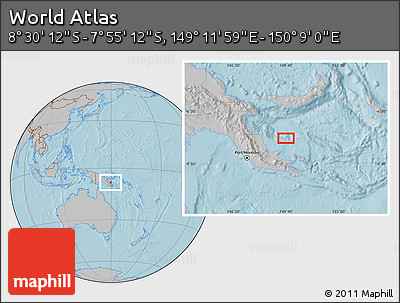 Gray Location Map of the Area around 8° 12' 42" S, 149° 40' 30" E, hill shading