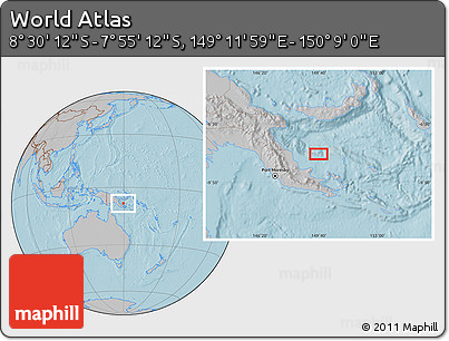 Gray Location Map of the Area around 8° 12' 42" S, 149° 40' 30" E, hill shading