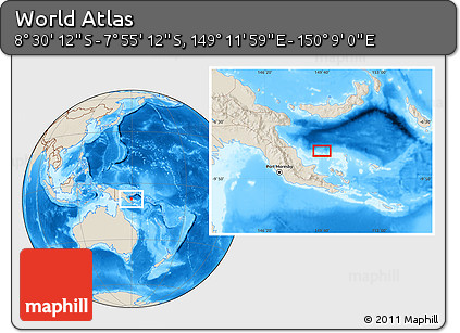 Shaded Relief Location Map of the Area around 8° 12' 42" S, 149° 40' 30" E