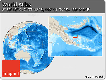 Shaded Relief Location Map of the Area around 8° 12' 42" S, 149° 40' 30" E