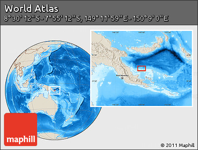 Shaded Relief Location Map of the Area around 8° 12' 42" S, 149° 40' 30" E