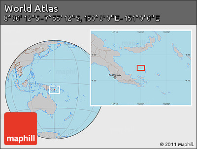 Gray Location Map of the Area around 8° 12' 42" S, 150° 31' 30" E
