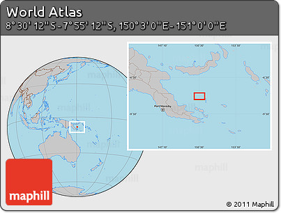 Gray Location Map of the Area around 8° 12' 42" S, 150° 31' 30" E