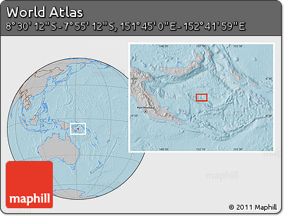 Gray Location Map of the Area around 8° 12' 42" S, 152° 13' 29" E, hill shading