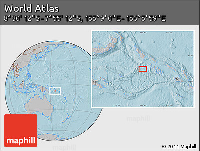 Gray Location Map of the Area around 8° 12' 42" S, 155° 37' 30" E, hill shading