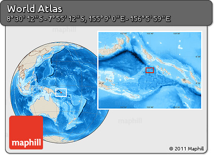 Shaded Relief Location Map of the Area around 8° 12' 42" S, 155° 37' 30" E