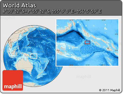 Shaded Relief Location Map of the Area around 8° 12' 42" S, 155° 37' 30" E