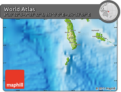 Physical Map of the Area around 8° 12' 42" S, 156° 28' 29" E