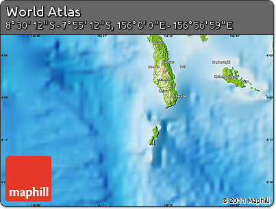 Physical Map of the Area around 8° 12' 42" S, 156° 28' 29" E