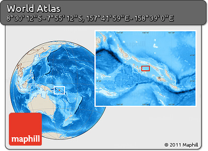Shaded Relief Location Map of the Area around 8° 12' 42" S, 158° 10' 30" E