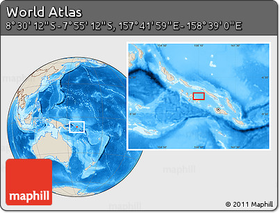 Shaded Relief Location Map of the Area around 8° 12' 42" S, 158° 10' 30" E