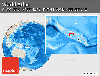 Shaded Relief Location Map of the Area around 8° 12' 42" S, 158° 10' 30" E
