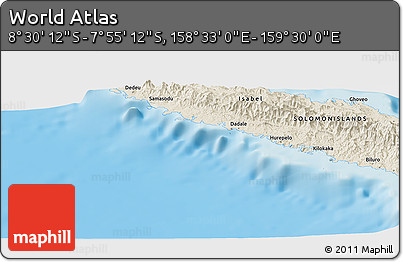 Shaded Relief Panoramic Map of the Area around 8° 12' 42" S, 159° 1' 30" E