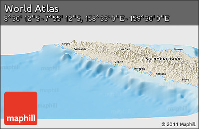 Shaded Relief Panoramic Map of the Area around 8° 12' 42" S, 159° 1' 30" E