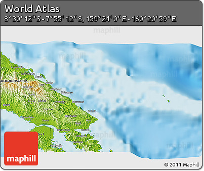 Physical 3D Map of the Area around 8° 12' 42" S, 159° 52' 30" E