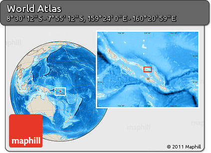 Shaded Relief Location Map of the Area around 8° 12' 42" S, 159° 52' 30" E